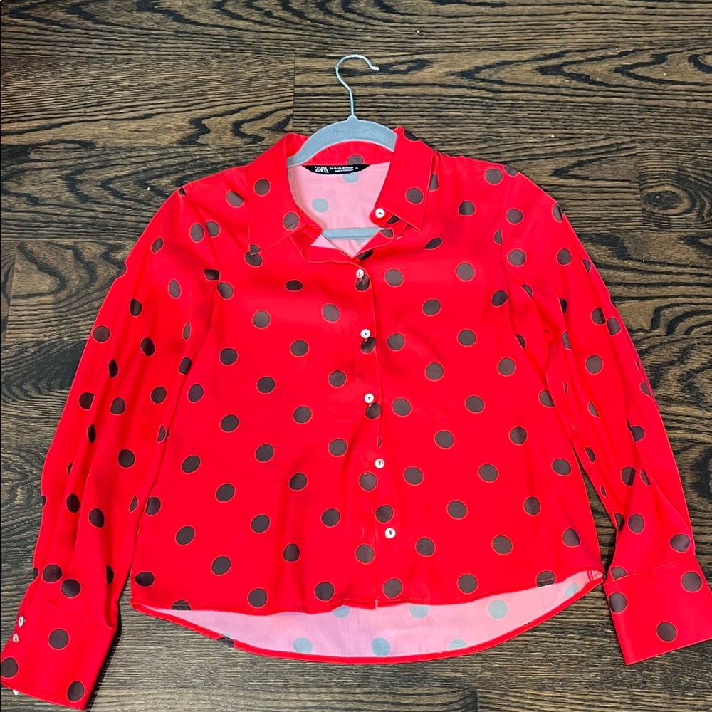 Zara Red and Black Polka Dot Button Down Blouse - women’s size XS - NWOT